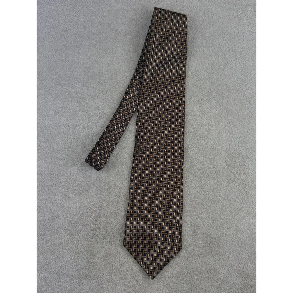 Nautica‎ Mens Silk Necktie Navy Blue Gold Geometric Basketweave Pattern Classic